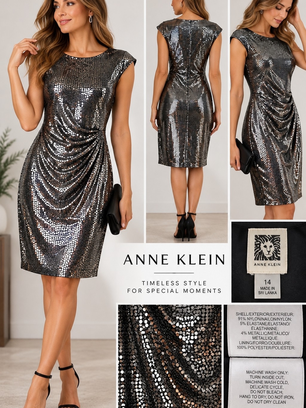 Anne Klein Metallic Ruched Sheath Cocktail Party Dress Black Silver Size 14